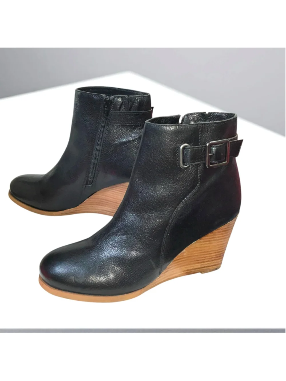 Diba Black Leather Zip Ankle Boots Buckle Strap Wood Look Wedge Heel Women Sz 8